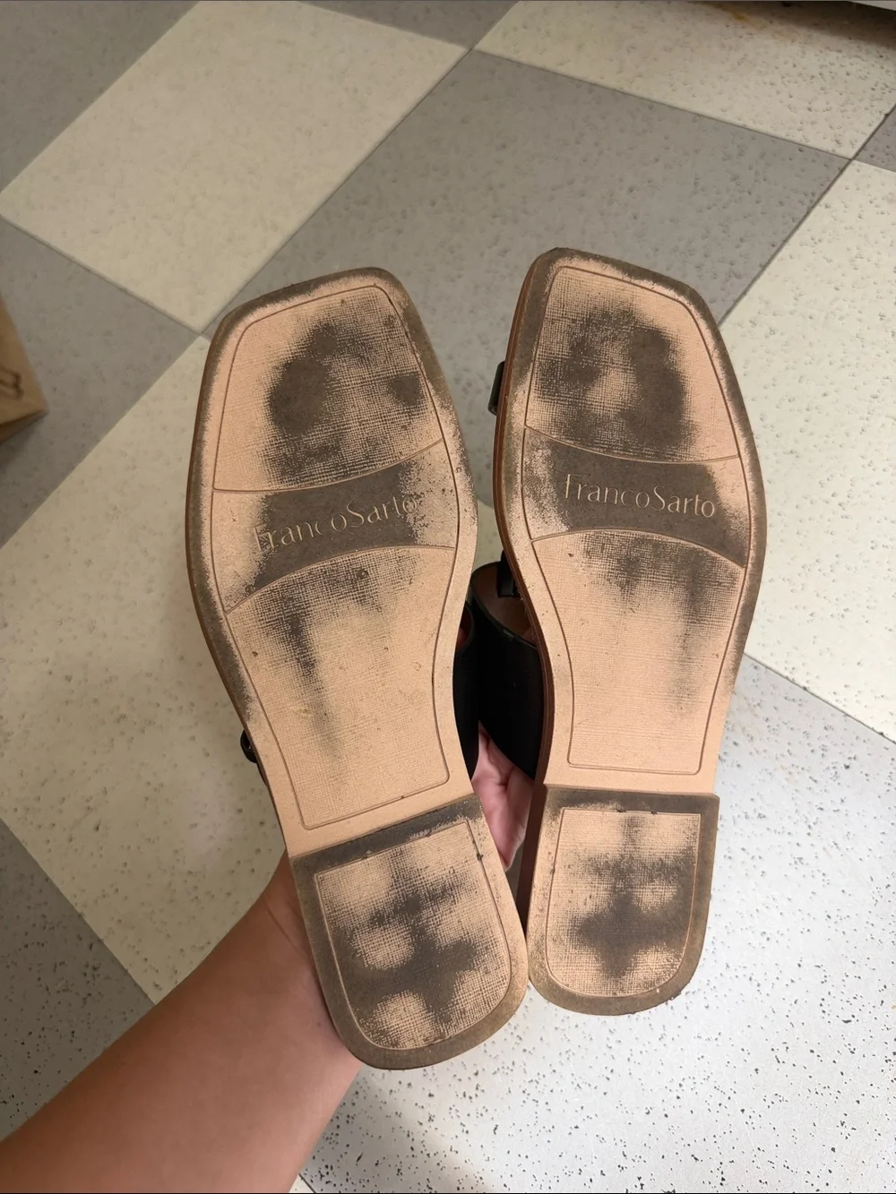 Franco Sarto Black Leather T-Strap Slide Sandals with Tan Footbed